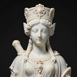 a complex and baroque statue of the goddess Astarte in white marble full of intrincate and ornamental details, her face is perfect, studio lighting, product photography, 4k, black background, 90mm, sharp focus. Symmetrical composition