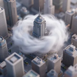 oblique view of a bunch of buildings with a swirling magical cloud, octane render, macro