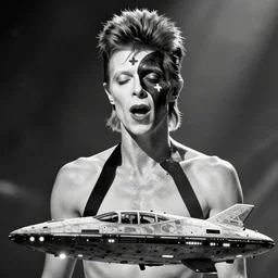 black and white photo of david bowie with even pattern yin - yang facepaint face painted into one side white one side black, singing on top of a spaceship