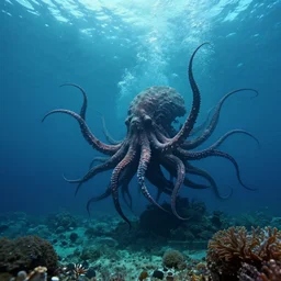 a tentacled abomination surfacing on the shores of an underground ocean