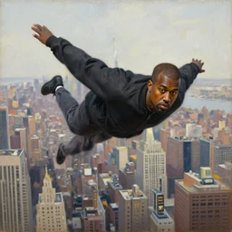 kanye west flying above new york, realistic old painting in the style of jack stauber