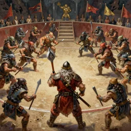 painting of a single dwarven berserker facing a crew of crazy goblin warriors in deadly combat on a gladiator pit, sharp focus, high symmetry, award - winning, trending on artstation, masterpiece, highly detailed, intricate. art by rebecca guay