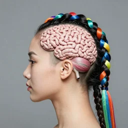 a shaved hairstyle for women resembling and artistic depiction of the human brain with colorful festival braids on the sides