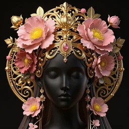 beautiful black pink yellow, complicated gold and pink flowers in baroque style headwears, dark fantasy, intricate, elegant, highly detailed, digital painting, artstation, highly saturated colors, concept art, matte, 3 d 8 k octane rendered, sharp focus, illustration, octane rendered, art by artgerm and alphonse mucha, leesha hannigan
