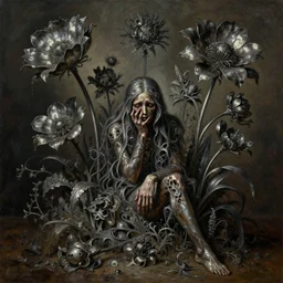a cinematic masterpiece still life painting of a colossal gothic metal flowers of grief, sorrow, misery and despair, exotic flora, by Alex Grey, by Wayne Barlowe, by Tim Hildebrandt, by Bruce Pennington, by Zdzisław Beksiński, by Caravaggio, oil on canvas, masterpiece, trending on artstation, featured on pixiv, cinematic composition, astrophotography, dramatic pose, beautiful lighting, sharp, details, details, details, hyper-detailed, no frames, HD, HDR, 4K, 8K