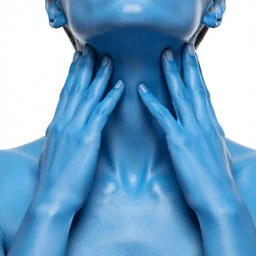 strong hands wrapped around neck, no face!, clavicles, covered in glossy blue paint, beautiful skin, contrasting paint, realistic photograph, 8 k, backlit