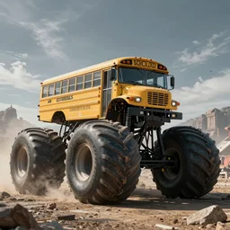 monster truck schoolbus tank, dystopian, imax, intense sky
