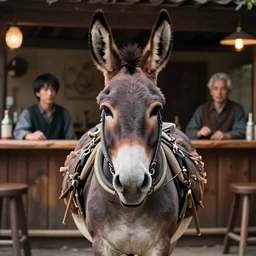 A centered chest up portrait of an anthropomorphic mule, award winning. superb resolution. in the art style of junji Ito and greg rutkowski . by Michael Whelan and Tomer Hanuka. A pack mule. Detailed rustic bar in the background. Hyper realistic anime. Perfect art. Dalle2