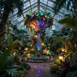 secret garden, tropical greenhouse, glass cover, neon lights, mythology, fairy tale, evening lights, highly detailed, low angle view, artstation, mysterious, comfort, in the style of aetherpunk