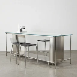 cafe bar furniture, modern, steel and glass, mies van der rohe, very detailed