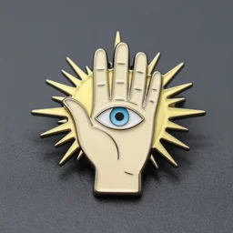 a photograph of an enamel pin depicting a hand with an eye in it, sunburst, trending on etsy