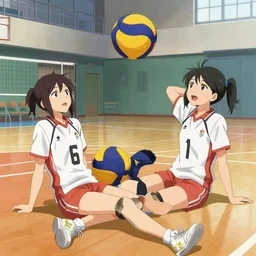 girls chilling in school gymnasium playing volleyball, anime style, 2 d, pixel art, digital art, makoto shinkai style, colorful, highly render, octane render, hand drawing style, japanese anime style,