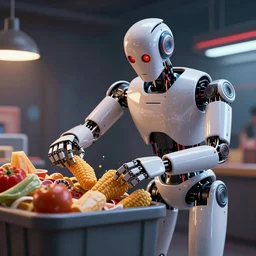 a robot human stealing junk food from a bin the robot eyes are red make the lighting really great and reflections photo realistic use unreal engine 5 to make the robot