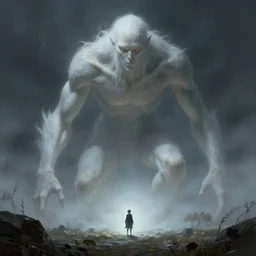 a giant ethereal pale humanoid monster looming over a tiny human in an epic landscape, ethereal fantasy, bloodborne, artstation, james gurney