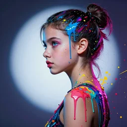 a cyberpunk goddess, tomboy, side portrait, striking, defiant, spotlight, paint drips, paint splatter, vibrant colors, 1 9 years old, beautiful eyes, by marco paludet and gianni strino and marion bolognesi - n 4
