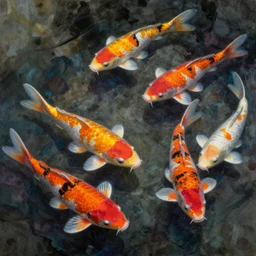 some koi carp, swimming in a pool, ink, acrylics, collage, style of lily greenwood