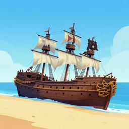a beach with the wreckage of a pirate ship, at midday, from a fantasy point and click 2 d graphic adventure game, art inspired by john shroades, king's quest 6, king's quest 5, vga, sierra entertainment games, colorful landscape painting