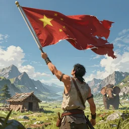 an intricate concept art, fantasy, man raising a torn flag, mountain field with asian shack, megafauna, low - angle, close up shot, ultra photorealistic, ultra sharp, artstation, cgsociety, masterpiece, anime colors, by ivan talavera, by wlop, octane render, 8 k