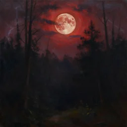 a beautiful oil painting of a dark forest under the blood moon, thunderstorm in the sky red lighting gloomy atmospheric