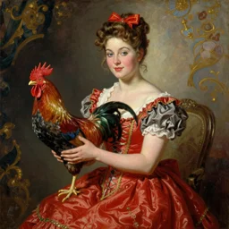woman dressed in pin up style keeps in hands rooster by greg hildebrandt fancy rococo baroque regal oil painting high quality clothed in fancy garb