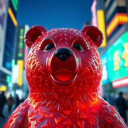 portrait of haribo bear in future city, color and shape focus, central composition, natural light, bloom, puff, by simon stalenhag and rene magritte and anton fade