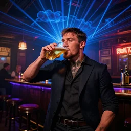 conor mcgregor drinking a beer in an irish pub, laser show with blue cloud patterns, well framed, neon standup bar, trending on art station, in the style of the movie heat with al pacino, volumetric lighting & shadows, digital art, unreal engine, 4 0 0 mm f 1. 2,