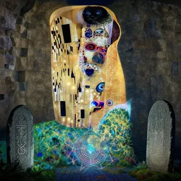 ancient overgrown ruins, medieval gates, runestones, mysetrious etherial mesmerizing runic!! cat eyes!!!!, magical elven geometry, concept art by gustav klimt!, deviantart contest winner, environmental art, high detail