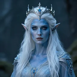 the frightening archfey called'the prince of frost ', fantasy, white hair, blue skin, wild eyebrows, middle - age, elf, crown, trending on cgsociety