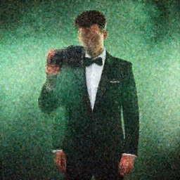 Man wearing classy tuxedo inside cloud of green smoke, Canon EOS R3, details, f/1.4, ISO 200, 1/160s, 8K, RAW, unedited