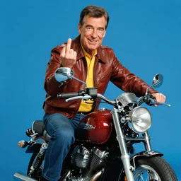 studio color still of fred rogers with face tattoos riding a motorcycle, leather jacket, middle finger