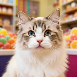 close up of cute fluffy cat, by agnes lawrence pelton, by maria sibylla merian, dslr, kodak portra, colorful, in candy shop