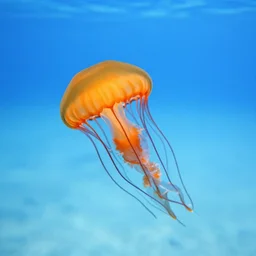 beautiful underwater scene of vibrant orange glowing jellyfish swimming in the ocean with light blue at the top, lighter blue in the middle and light blue at the bottom, highly detailed, moody, dynamic focus, rich colors, artstation, sharp focus, background full of fish and other sea creatures, seaweed, otherworldly, alien, wide view, very busy