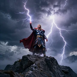 god of thunder shooting lightning from his fingertips standing upon a rocky high mountain, surrounded by thunderclouds and lightning, dark, bright lighning, very detailed, 4 k
