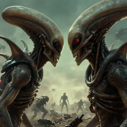 close up cinematic artwork of an alien by hr giger staring down the enemy on the battlefield by Greg Rutkowski, 4k, masterpiece