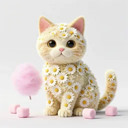 portrait of a waiting kitty made of daisies, cotton candy, Alena Aenami, Petros Afshar, Noah Bradley, Anton Fadeev, Anato Finnstark, Steve Henderson, Filip Hodas, Mark Keathley, Thomas Kinkade, Phil Koch, Gilbert Williams, Mike Winkelmann, Beeple