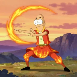 squidward wearing fire nation clothing and practicing firebending outside at susnset, [ greg rutkowski ]