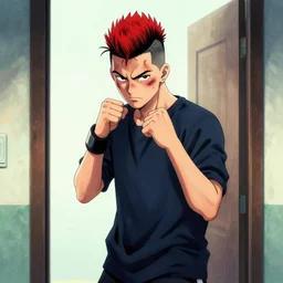 a young man of 2 5 years old, with a bruised face and bruises, is standing in a doorway in a boxer's stance, casual clothing style, by james jean art, by boichi manga style, hairstyle red mohawk, cold colors, comics style, angry 8 k