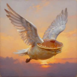 a pancake with wings, flapping its wings flying in sunset sky, oil on canvas, portrait, intricate, 8k highly professionally detailed, HDR, CGsociety