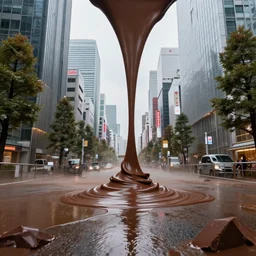 an chocolate liquid melting from sky and flooding the street of tokyo