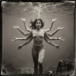 tintype photo, underwater, girl with eight arms