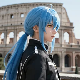 profile shot of rimuru tempest, sky blue hair, ponytail, long bangs, gold eyes, black jacket with white stripes and a high collar, highly detailed, roman city, professional art, concept art, shutterstock, cinematic, wlop | art by pixiv, ilya kuvshinov, greg rutkowski, yoshitaka amano