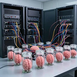 a photo of an array of brains in jars connected to server racks with colorful wires