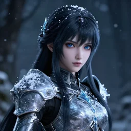 focus face portrait of beautiful darkness knight 3D anime girl, ice Armor wearing, dark forest background, snowing, bokeh, inspired by Masami Kurumada, digital painting, high contrast, unreal engine render, volumetric lighting, high détail