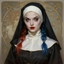 Masterpiece Portrait Harley Quinn as a nun, dark fantasy, medium shot, intricate, elegant, highly detailed, digital painting, volumetric light, artstation, concept art, smooth, sharp focus, illustration, art by Gil Elvgren and Greg Rutkowski and Alphonse Mucha