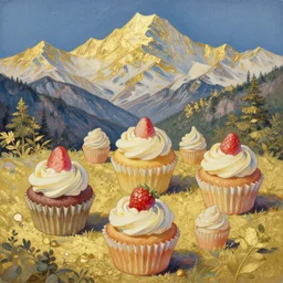 spirit of cupcakes lost in the mountains. this gouache and gold leaf work by the award - winning mangaka has a beautiful composition and intricate details.