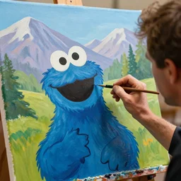 a closeup photorealistic photograph of bob ross working on a canvas painting of cookie monster. film still. brightly lit scene. mountains and trees. this 4 k hd image is trending on artstation, featured on behance, well - rendered, extra crisp, features intricate detail, epic composition and the style of unreal engine.
