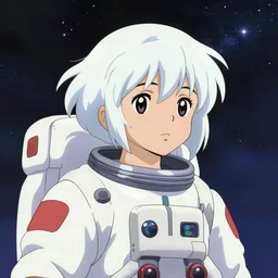 portrait of a young astronaut girl, flowing white hair, ghibli, yoshitoshi abe, loish, murata range, synthwave, cosmic, kawaii,high contrast bright colors, big anime eyes,studio lighting, manga, anime, 1980s, vibrant, beautiful,  dreamy, gradation, jean giraud, ((space nebula background))
