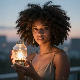 Stunning concept art portrait of goddess with gorgeous afro holding a glowy lamp, highly detailed afrofuturism style, evening ambience, sharp, well focused, volumetric soft lighting, artstation HD, 8K