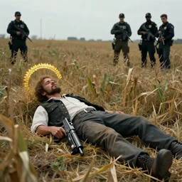 martyred patriot fresh corpse holding nailgun lying in cornfield fbi agents in the background, goldleaf halo
