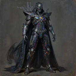 dark cyborg armour cloak entity made of intricate complex circuitry and microchips, iridescent, warrior assassin, black full body, colorful, intricate linework, gothic baroque, intimidating athletic stance, magical, realistic oil painting, artstation, rutkowski, wlop, chebokha, artgerm